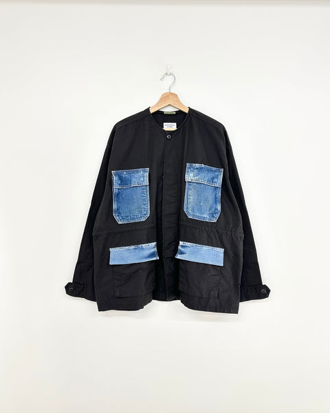 MASH UP DENIM POCKET COLLARLESS BDU JACKET BLACK